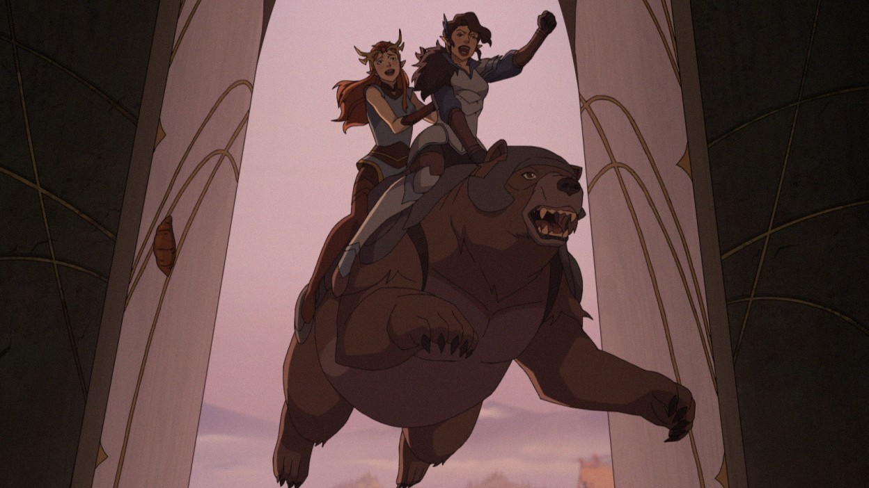 Legend of Vox Machina: Keyleth and Vex ride Trinket drunkenly into a temple