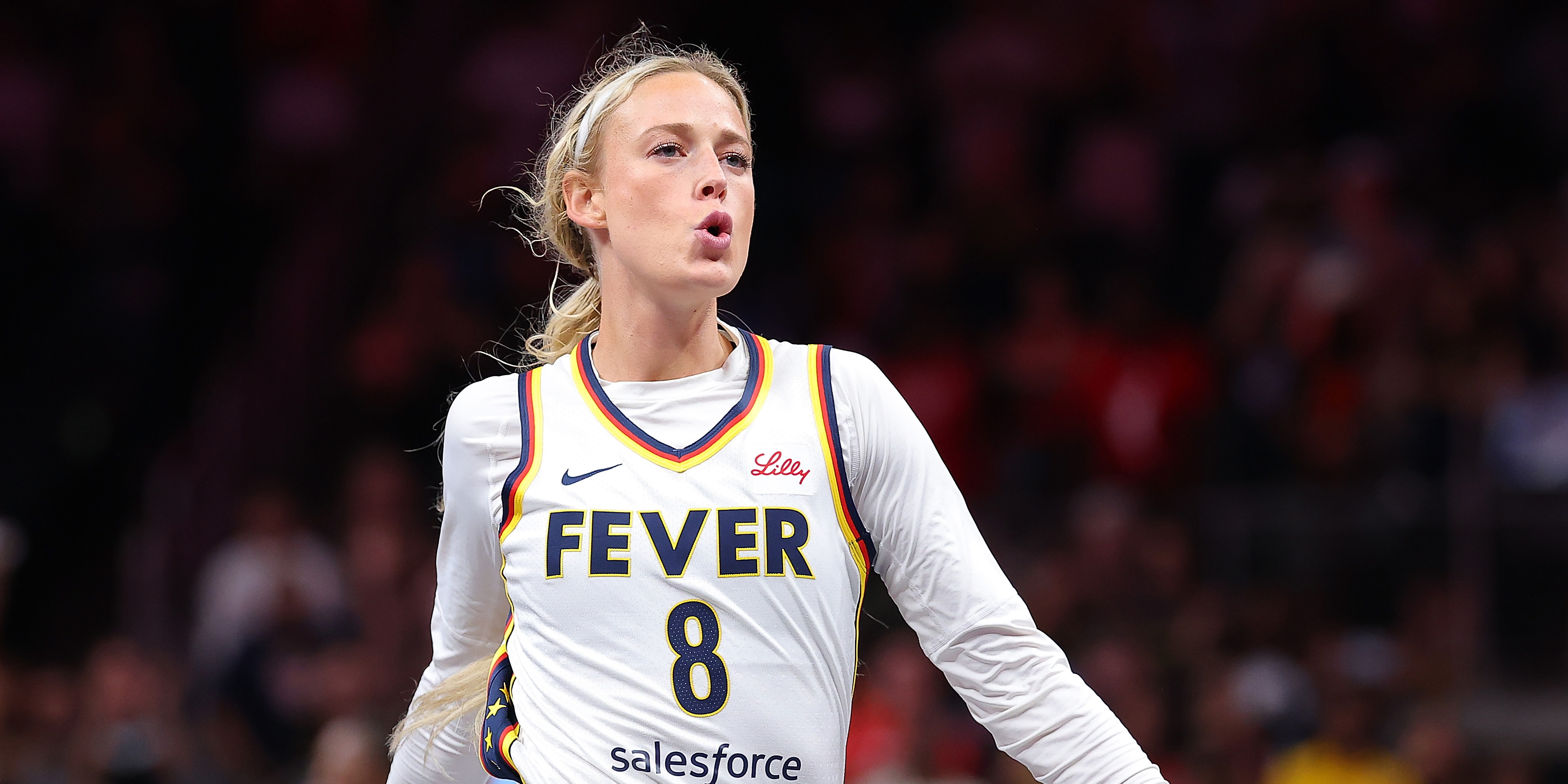 ATLANTA, GEORGIA - MAY 22: Sophie Cunningham #8 of the Indiana Fever reacts after their 81-76 win over the Atlanta Dream at State Farm Arena on May 22, 2025 in Atlanta, Georgia. NOTE TO USER: User expressly acknowledges and agrees that, by downloading and/or using this photograph, user is consenting to the terms and conditions of the Getty Images License Agreement. (Photo by Kevin C. Cox/Getty Images)