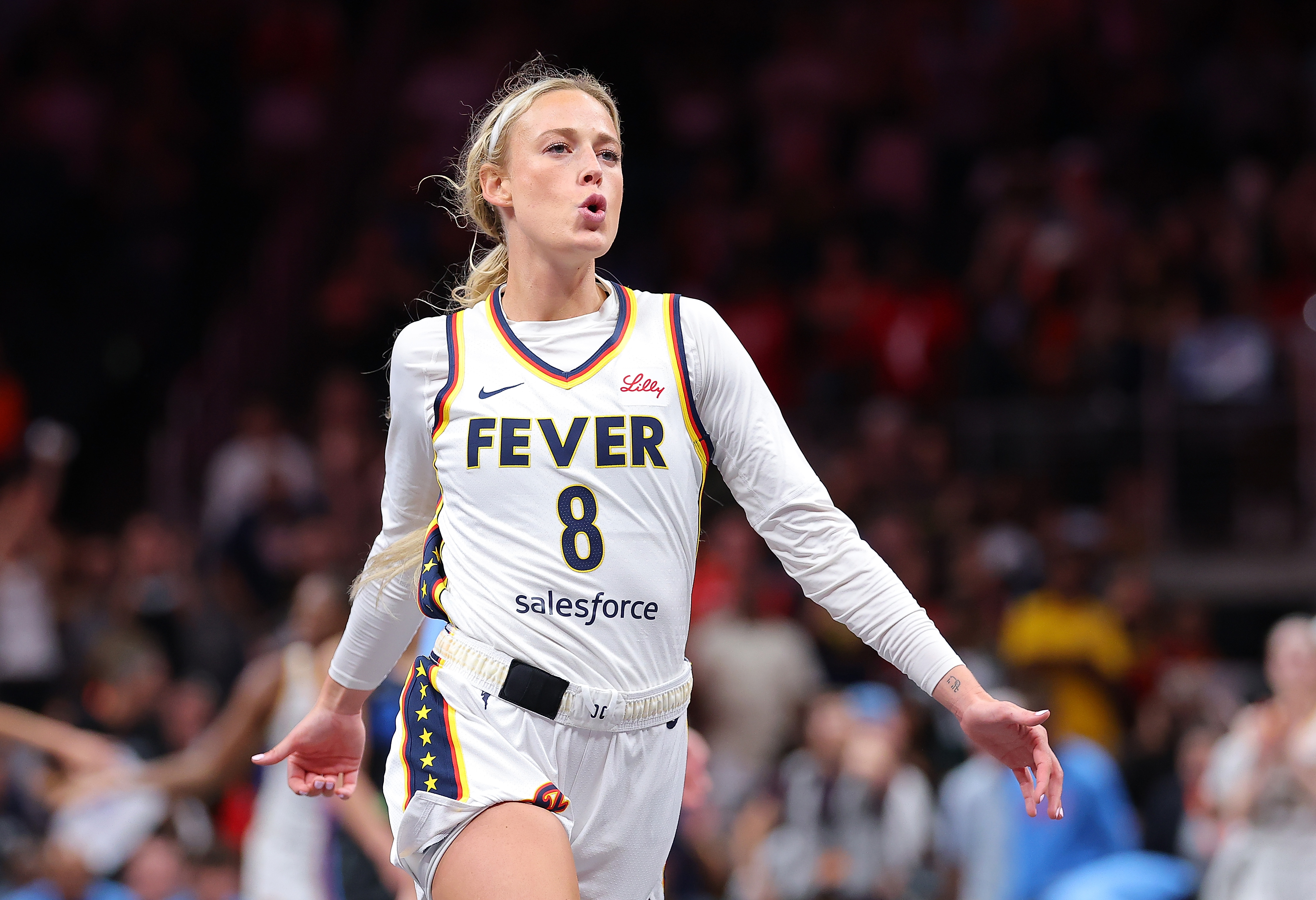 ATLANTA, GEORGIA - MAY 22:  Sophie Cunningham #8 of the Indiana Fever reacts after their 81-76 win over the Atlanta Dream at State Farm Arena on May 22, 2025 in Atlanta, Georgia.  (Photo by Kevin C. Cox/Getty Images)