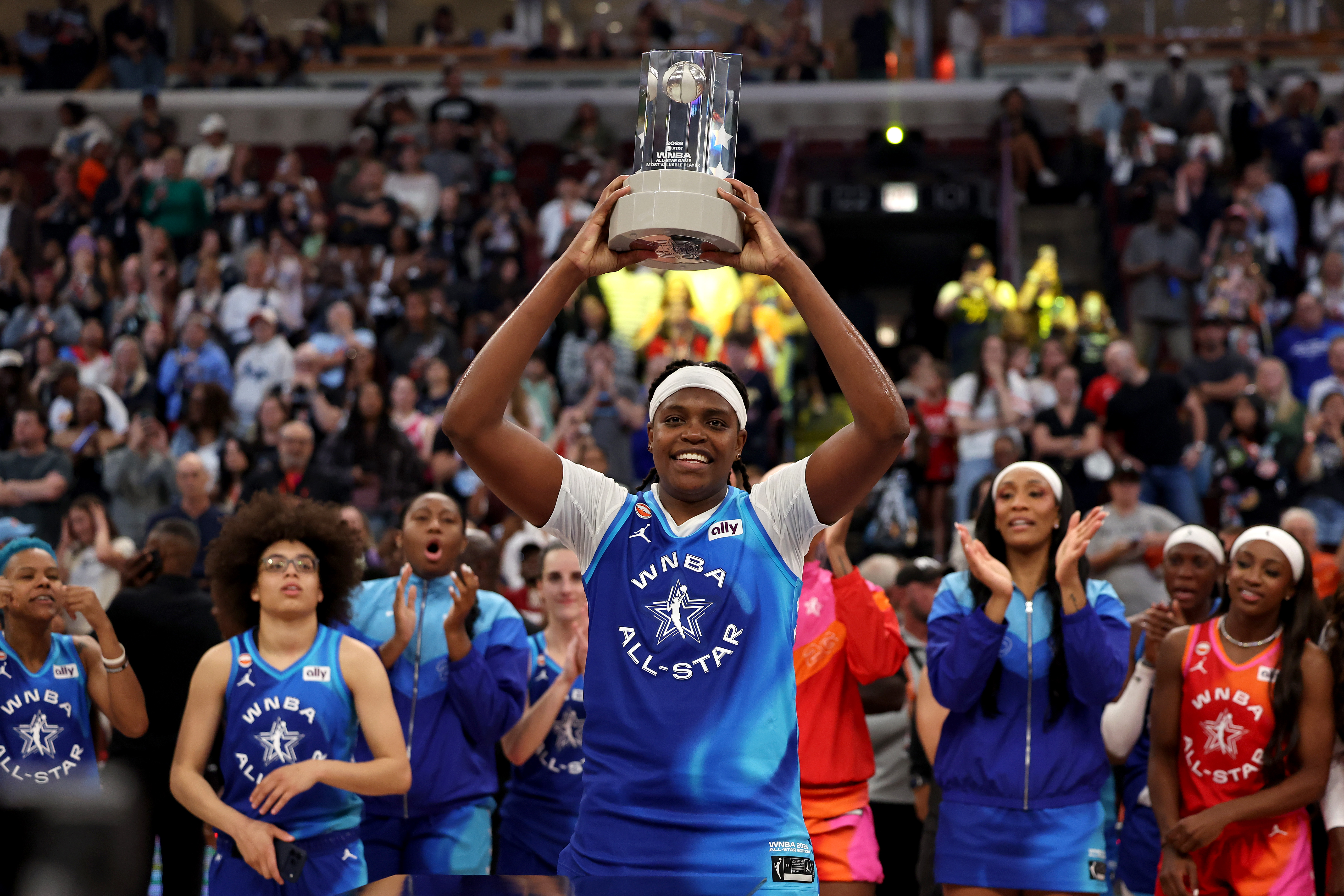 CHICAGO, ILLINOIS - JULY 25: Jonquel Jones #35 of Team Spoon receives the MVP Award after the 2026 AT&T WNBA All-Star Game at the United Center on July 25, 2026 in Chicago, Illinois. (Photo by Geoff Stellfox/Getty Images)
