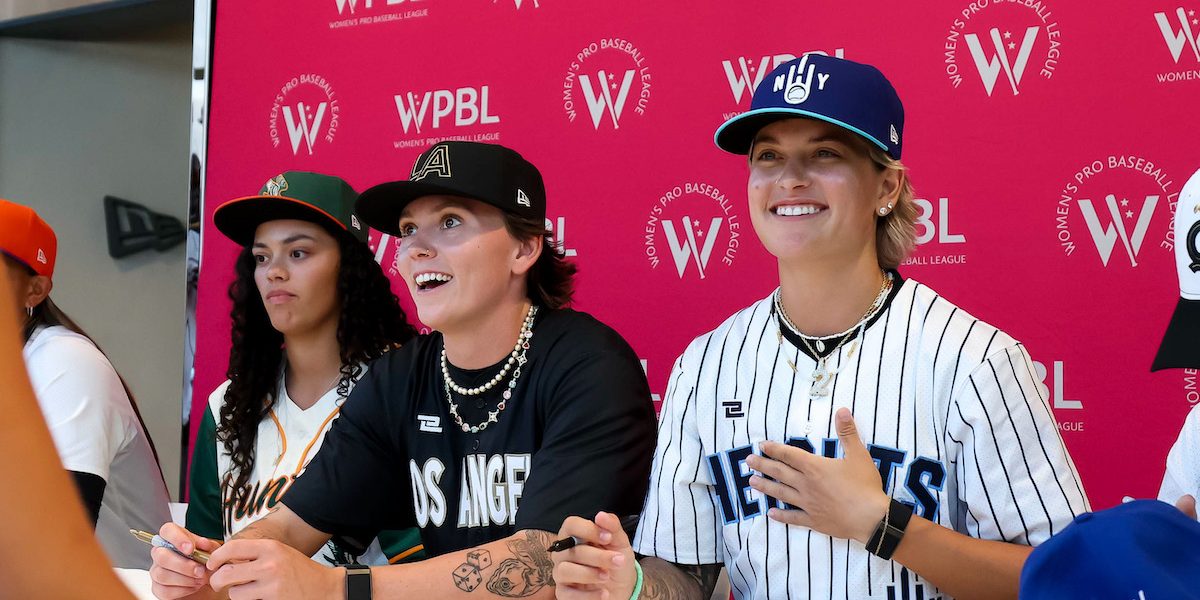 NEW YORK, NEW YORK - JULY 08: Ashton Lansdell, Kelsie Whitmore, Denae Benites, Lexi Hastings, and Mo'ne Davis sign autographs for fans at the WBPL team announcement at New Era Flagship Store on July 08, 2026 in New York City. (Photo by Caleb Bowlin/Getty Images)