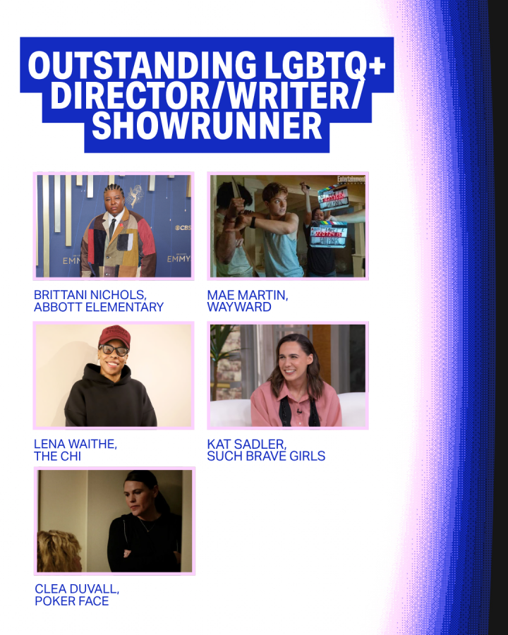 Outstanding LGBTQ+ Director / Writer / Showrunner Brittani Nichols, Abbott Elementary (writer / producer) Mae Martin, Wayward (Showrunner/Writer/Director) Lena Waithe, The Chi (Showrunner) Kat Sadler, Such Brave Girls (Creator/Writer/Producer) Clea DuVall, Poker Face (Director)
