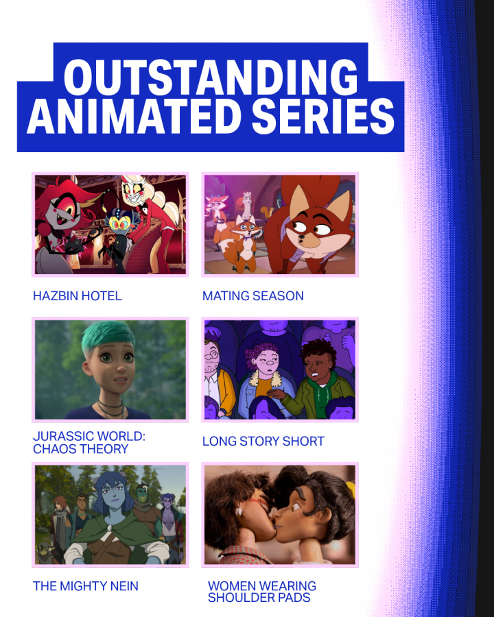 Outstanding Animated Series Hazbin Hotel S2 The Mighty Nein Long Story Short Mating Season Jurassic World: Chaos Theory S4 Women Wearing Shoulder Pads