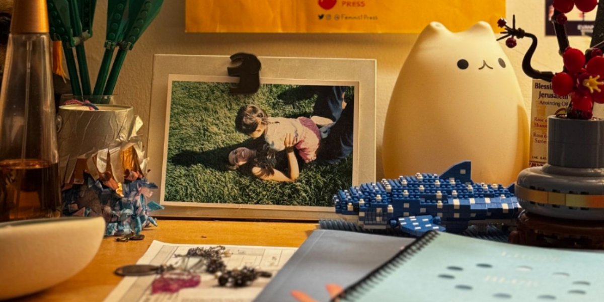a photo of the author and her mother on her bedroom desk